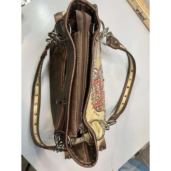 Women's Brown Boho Elephant Handbag Studded Tote Brown Faux Leather - Picture 4 of 5